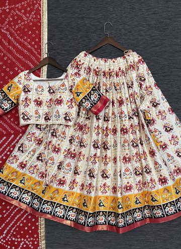 Patola Print Pure Cotton White Festival Lehenga With Red Bandhani Dupatta